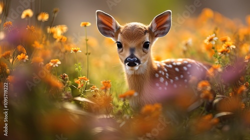 Deer in the woods and grass with a brown fawn and young buck in a green forest surrounded by wildlife and nature