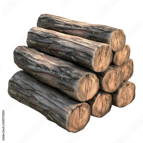 A digitally rendered image shows a stack of weathered logs revealing intricate wood grain and texture.