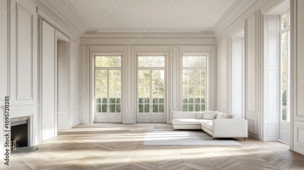 A spacious, minimalist living room with large windows and elegant architectural details. A spacious, minimalist living room with large windows and elegant architectural details.