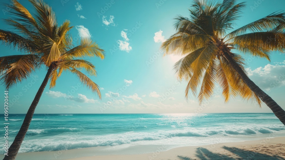 Tropical beach scene with palm trees and ocean waves under a bright blue sky. Tropical beach scene with palm trees and ocean waves under a bright blue sky.