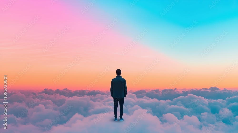 Confused emotion and complex, A person stands on clouds, gazing at a vibrant sunrise with pastel pink and blue hues, evoking a sense of calm and wonder. Confused emotion and complex, A person stands on clouds, gazing at a vibrant sunrise with pastel pink and blue hues, evoking a sense of calm and wonder.