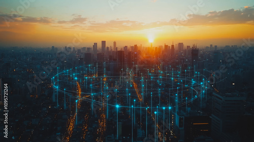 Wallpaper Mural Smart digital Innovation city with connection network reciprocity over the cityscape. of future smart wireless digital city and social media networking systems that connects people with in city Torontodigital.ca