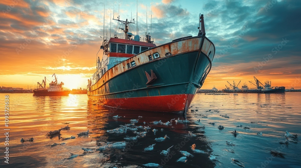 Obraz premium A fishing boat at sunset, reflecting on calm waters with industrial background.