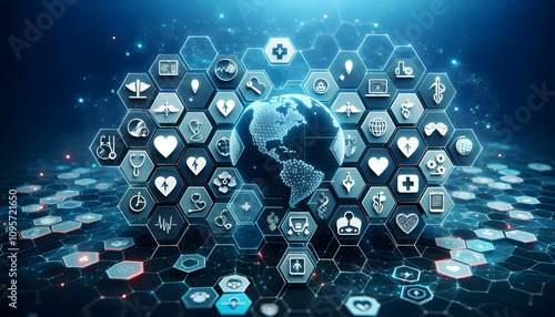 Medical A 3D hexagonal network of healthcare symbols representing the seamless integration of health data a1