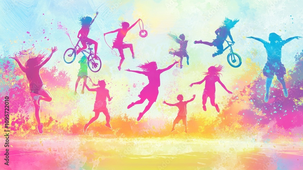 Colorful silhouettes of children playing and jumping joyfully against a vibrant background. Colorful silhouettes of children playing and jumping joyfully against a vibrant background.