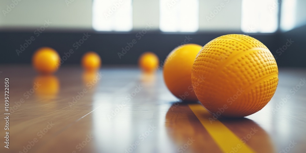 A close-up view of orange balls on a gym floor, likely for a game of dodgeball. A close-up view of orange balls on a gym floor, likely for a game of dodgeball.