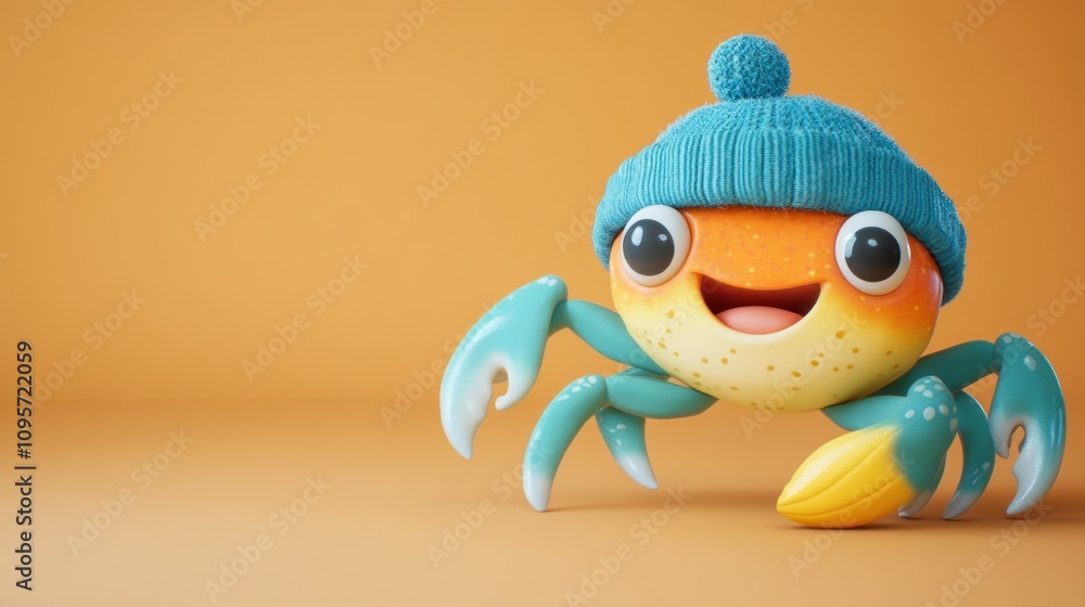 A cheerful cartoon crab wearing a blue knitted hat, holding a shell on an orange background. A cheerful cartoon crab wearing a blue knitted hat, holding a shell on an orange background.