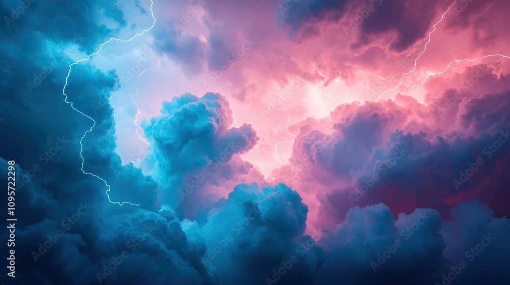 Confused emotion and complex, A vibrant sky filled with swirling clouds illuminated by striking lightning and a blend of pink and blue hues. Confused emotion and complex, A vibrant sky filled with swirling clouds illuminated by striking lightning and a blend of pink and blue hues.