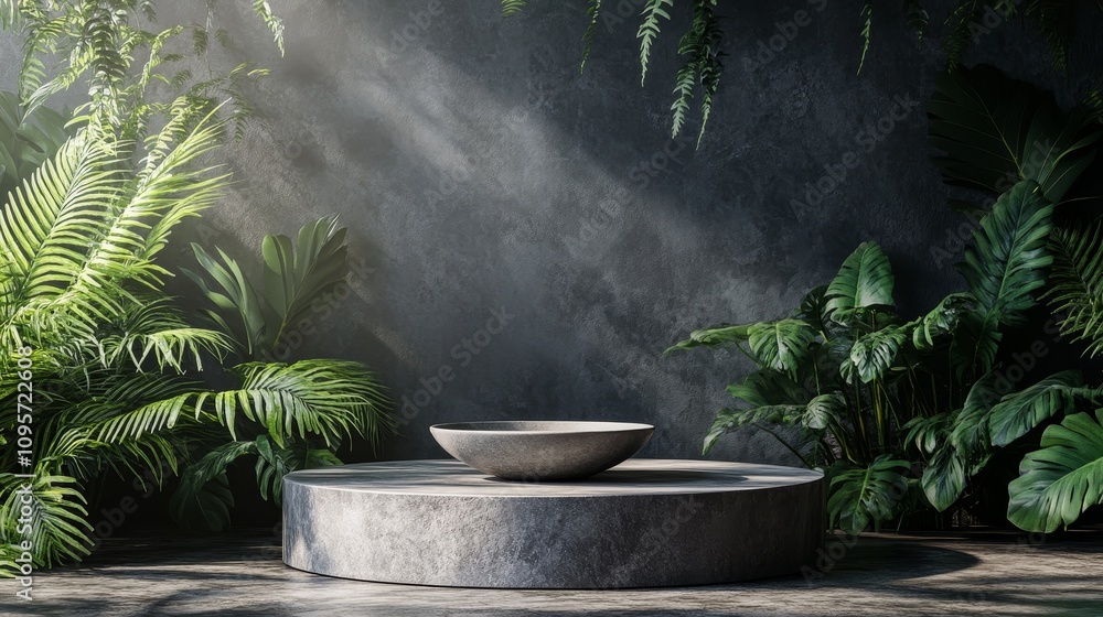 Stone Round Podium with a Bowl in Minimalistic Jungle Scene Featuring Ferns and Dark Concrete Wall, Hyperrealistic Rendering Style with Photorealistic Details Stone Round Podium with a Bowl in Minimalistic Jungle Scene Featuring Ferns and Dark Concrete Wall, Hyperrealistic Rendering Style with Photorealistic Details