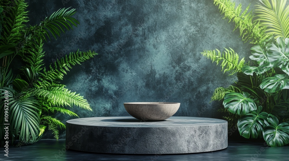 Stone Round Podium with a Bowl in Minimalistic Jungle Scene Featuring Ferns and Dark Concrete Wall, Hyperrealistic Rendering Style with Photorealistic Details Stone Round Podium with a Bowl in Minimalistic Jungle Scene Featuring Ferns and Dark Concrete Wall, Hyperrealistic Rendering Style with Photorealistic Details