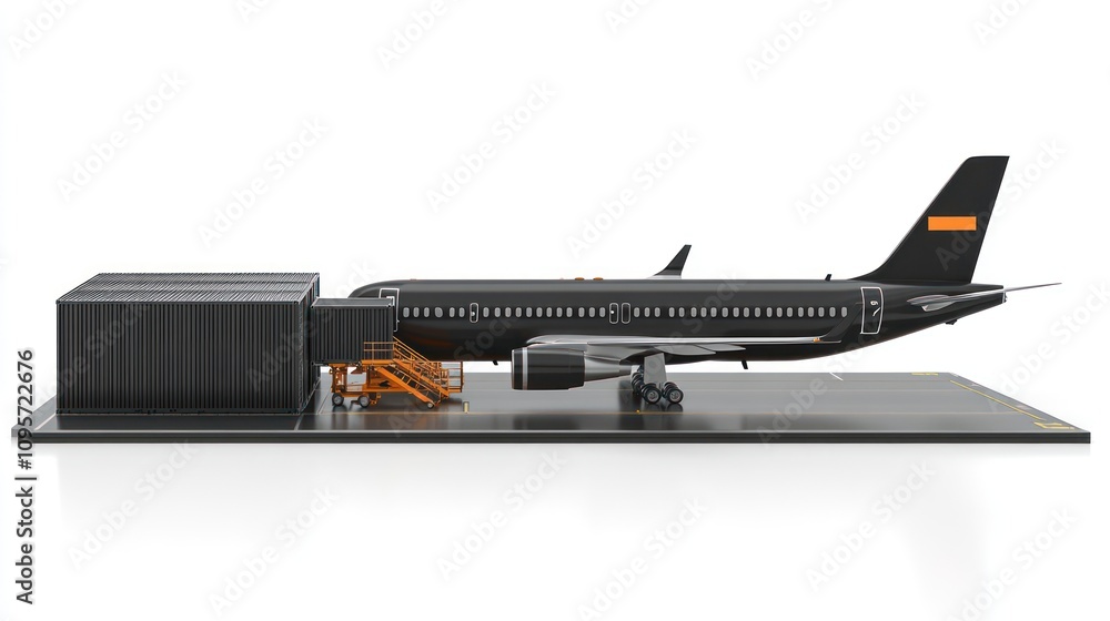 A model airplane next to a cargo container and boarding stairs on a display platform. A model airplane next to a cargo container and boarding stairs on a display platform.