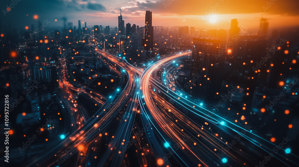 Naklejka premium Smart digital Innovation city with connection network reciprocity over the cityscape. of future smart wireless digital city and social media networking systems that connects people with in city