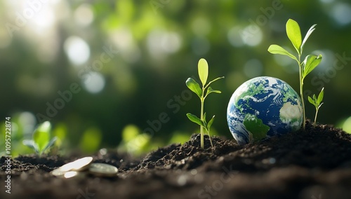 Earth surrounded by seedlings in soil, symbolizing environmental growth.
