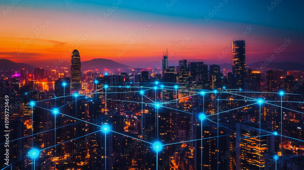 Smart digital Innovation city with connection network reciprocity over the cityscape. of future smart wireless digital city and social media networking systems that connects people with in city Smart digital Innovation city with connection network reciprocity over the cityscape. of future smart wireless digital city and social media networking systems that connects people with in city