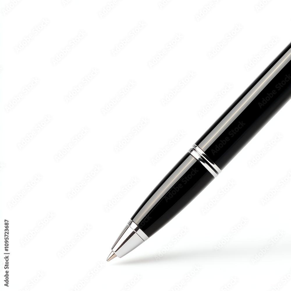 Black pen with silver accents, white isolated background. Black pen with silver accents, white isolated background.