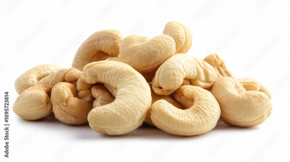 A pile of cashew nuts arranged neatly on a white background. A pile of cashew nuts arranged neatly on a white background.