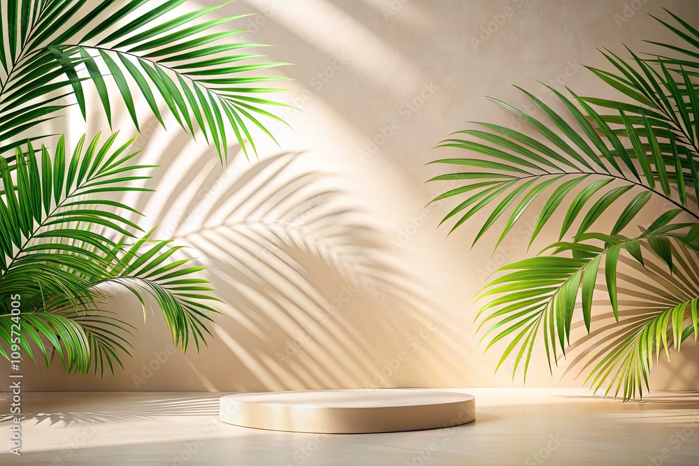 Tranquil Tropical Backdrop with Blurred Palm Leaf Shadows for Stylish Product Presentation in Nature-Inspired Settings Tranquil Tropical Backdrop with Blurred Palm Leaf Shadows for Stylish Product Presentation in Nature-Inspired Settings