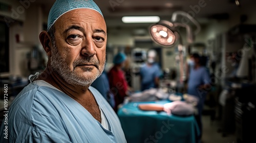 A serious-looking surgeon in a medical setting, surrounded by healthcare professionals.