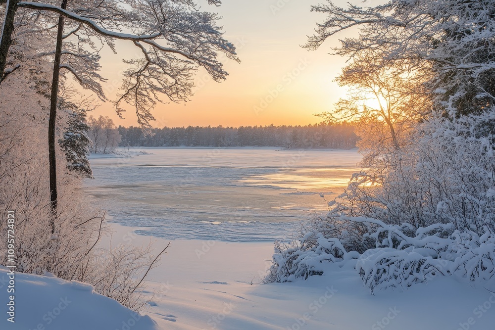 Scenic winter view of snow-covered trees and serene nature under a clear sky Scenic winter view of snow-covered trees and serene nature under a clear sky