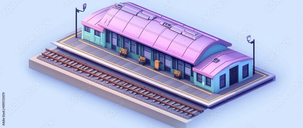 A stylized train station with a pink roof and platforms, designed for transport purposes. A stylized train station with a pink roof and platforms, designed for transport purposes.
