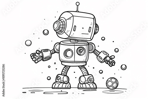 A playful cartoon robot, designed with charming features, engages in soccer play, surrounded by bubbles, showcasing a whimsical and fun mood.