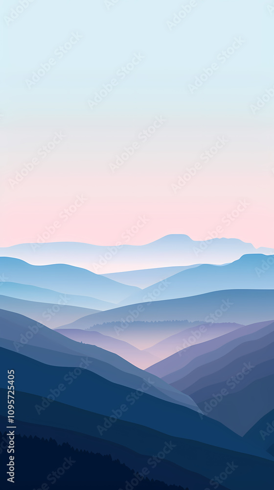 Obraz premium Serene blue mountains fade into distant horizons under a pastel sky, creating a tranquil landscape.