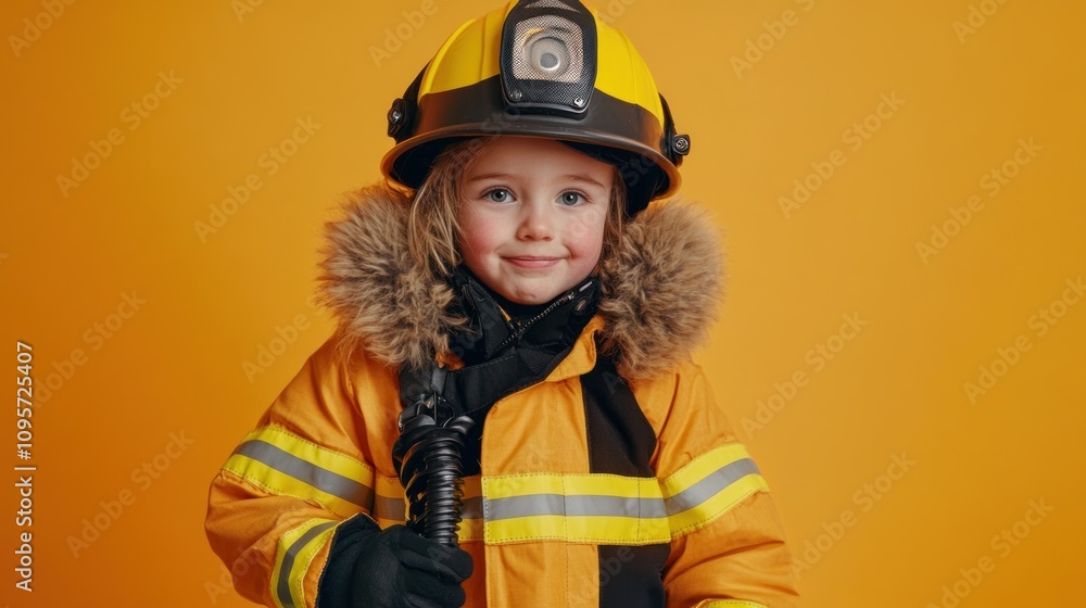 A young child dressed as a firefighter, smiling confidently against a bright orange background. A young child dressed as a firefighter, smiling confidently against a bright orange background.