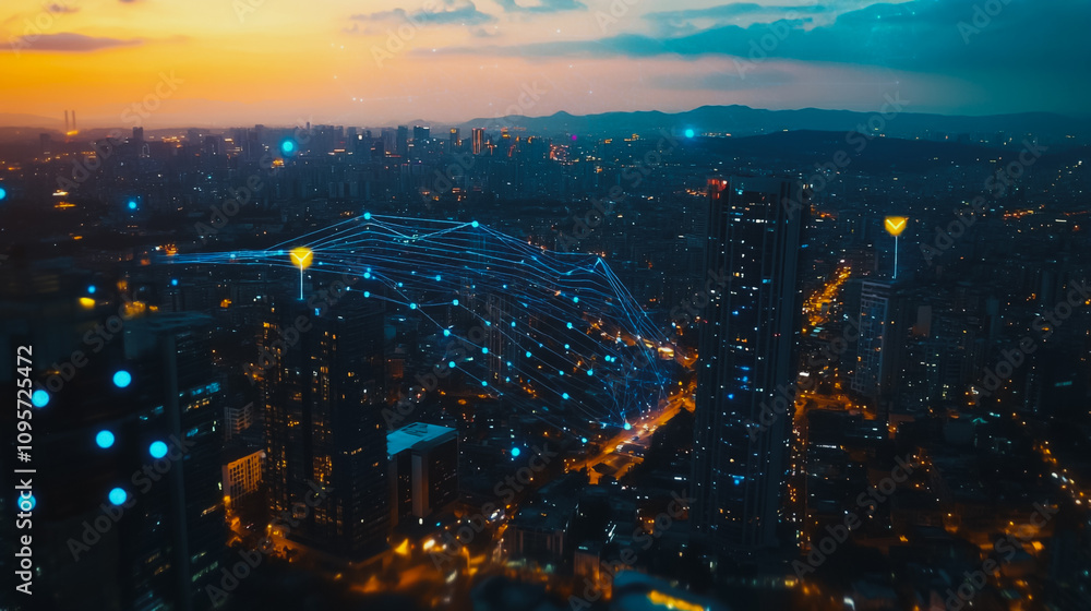 Obraz premium Smart digital Innovation city with connection network reciprocity over the cityscape. of future smart wireless digital city and social media networking systems that connects people with in city