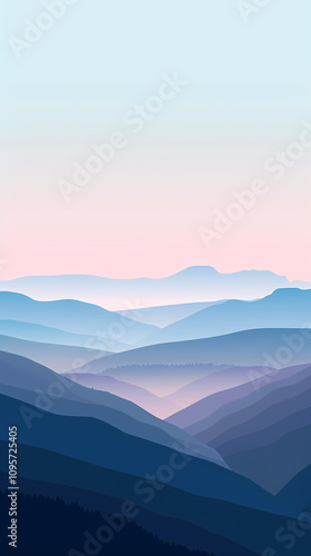 Serene blue mountains fade into distant horizons under a pastel sky, creating a tranquil landscape.