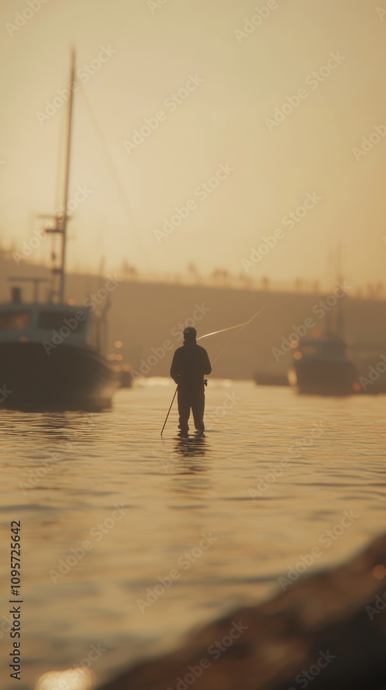 A solitary figure fishing at sunset, surrounded by boats and a tranquil waterway. A solitary figure fishing at sunset, surrounded by boats and a tranquil waterway.