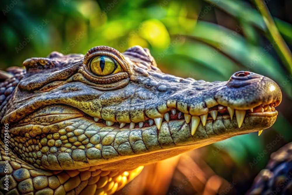 Fototapeta premium Stunning High Depth of Field Capture of a Crocodile's Head Showcasing Textures, Colors, and Natural Habitat for Wildlife and Nature Photography Enthusiasts