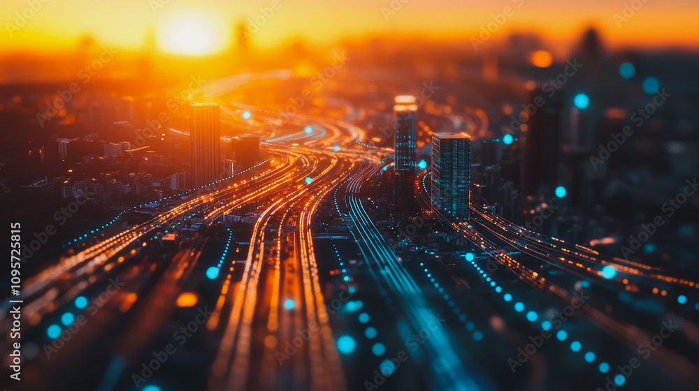 Fototapeta premium Smart digital Innovation city with connection network reciprocity over the cityscape. of future smart wireless digital city and social media networking systems that connects people with in city