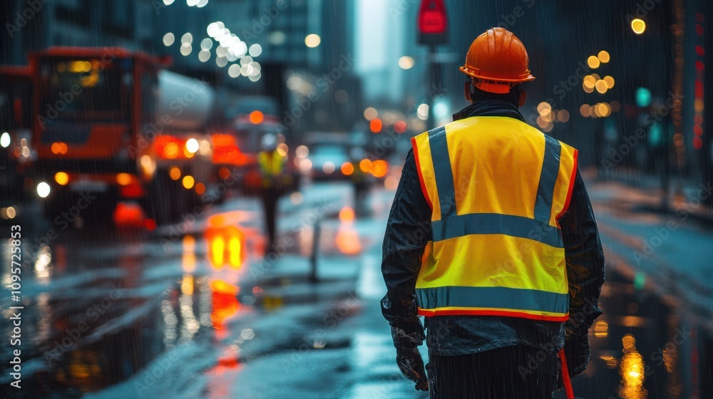 Worker in city at night. Worker in city at night.