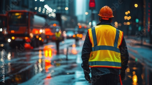 Worker in city at night.