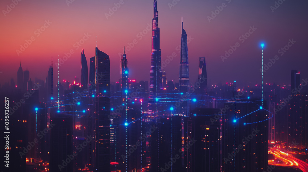 Fototapeta premium Smart digital Innovation city with connection network reciprocity over the cityscape. of future smart wireless digital city and social media networking systems that connects people with in city