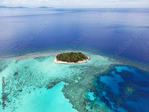 Indonesia Anambas Islands - Drone view Dinkor Island reef around the island