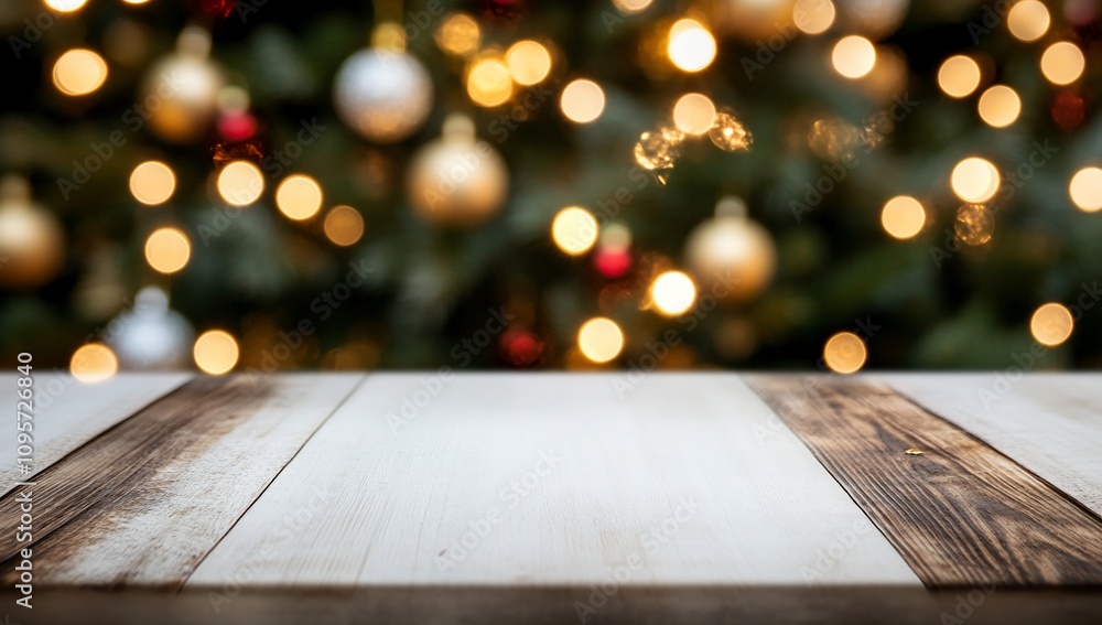 A festive background with a wooden table and blurred Christmas lights. A festive background with a wooden table and blurred Christmas lights.