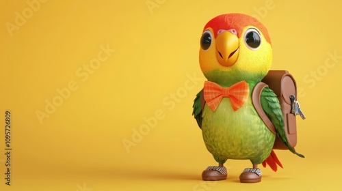 A cute cartoon parrot wearing a bow tie and backpack, set against a bright yellow background.