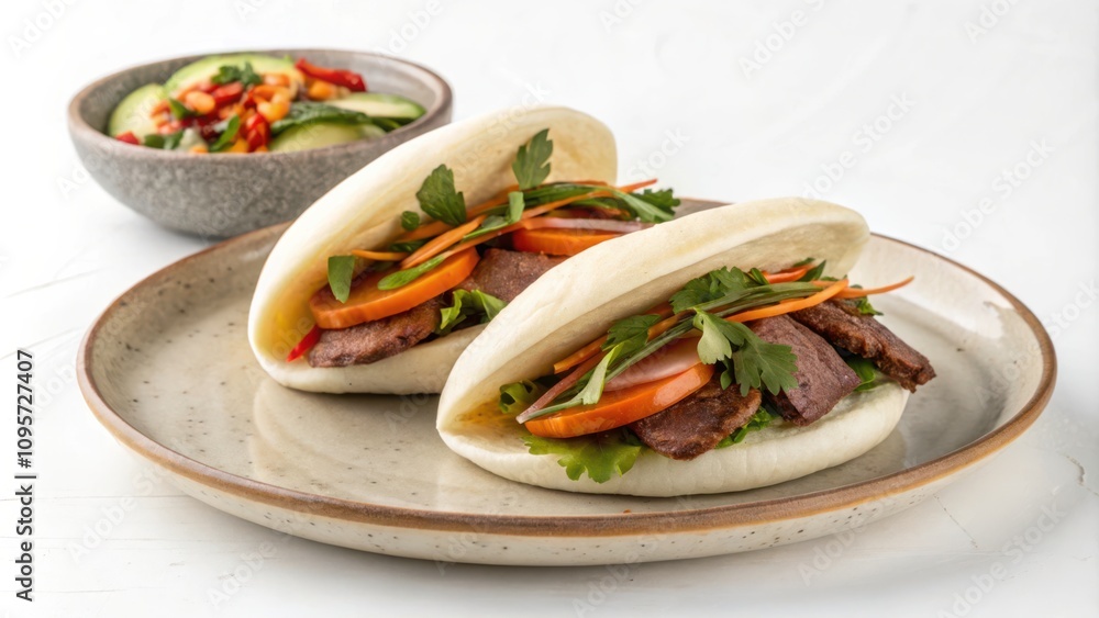 Delicious Bao Buns Filled With Beef and Vegetables Served on a Plate. Generative AI Delicious Bao Buns Filled With Beef and Vegetables Served on a Plate. Generative AI