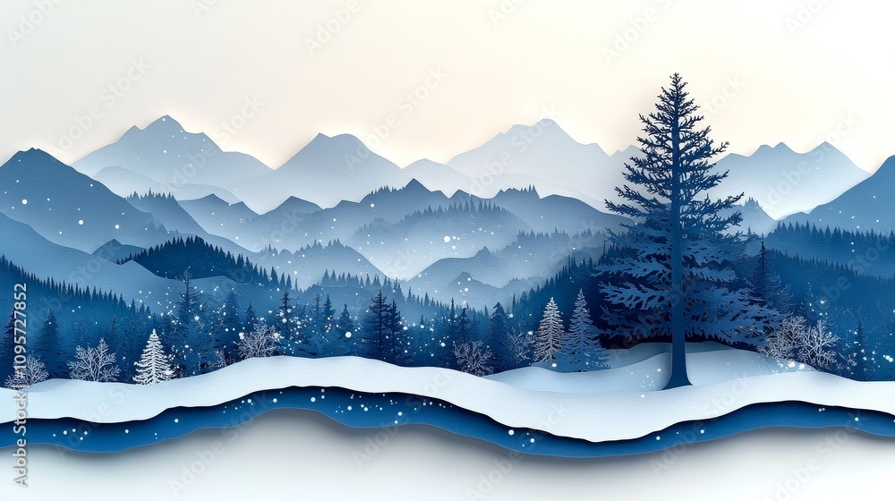 Fototapeta premium Abstract winter background, Paper Cuttings design is adopted to show snow, larch and snow covered mountains, bright and soft white tone, create a quiet winter atmosphere, and reserve blank space.