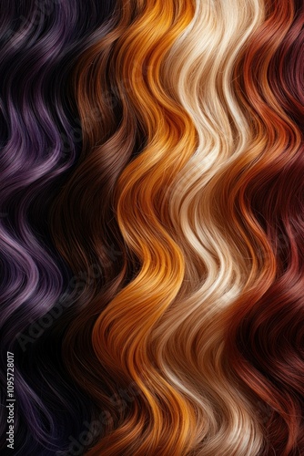 Vibrant flowing waves of hair in various shades including deep purple, golden blonde, warm orange, and rich red tones. Hair texture and color concept.