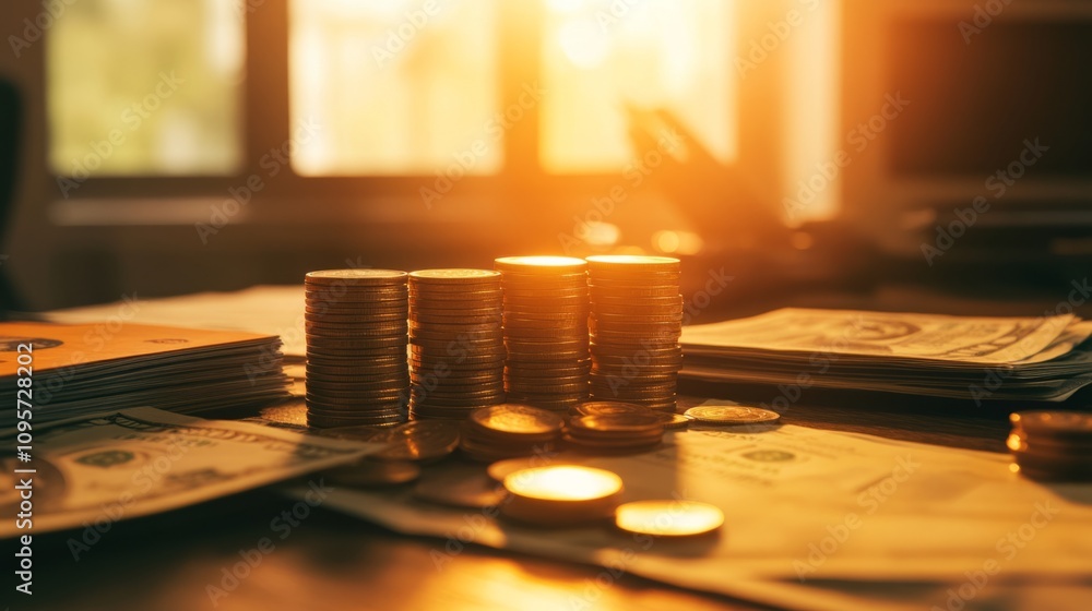 A table filled with neatly arranged stacks of coins, dollar bills, and financial reports, illuminated by warm light in a modern workspace A table filled with neatly arranged stacks of coins, dollar bills, and financial reports, illuminated by warm light in a modern workspace