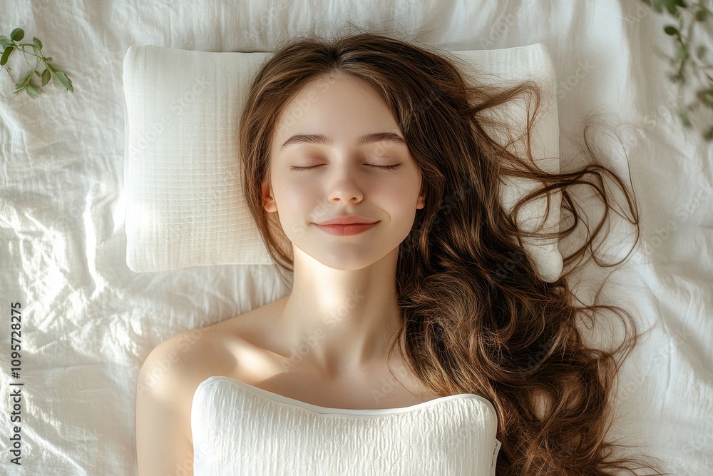 Peaceful woman sleeping soundly. Ideal for websites promoting sleep, relaxation, or bedding products. Peaceful woman sleeping soundly. Ideal for websites promoting sleep, relaxation, or bedding products.