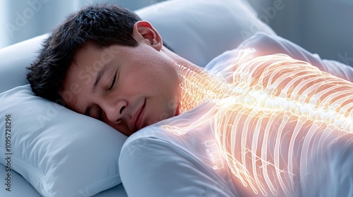 Back pain reduce concept. A peaceful man sleeps, with a glowing illustration of his ribcage and chest, symbolizing health, wellness, and the body's vitality. photo