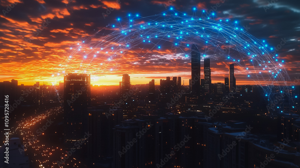Fototapeta premium Smart digital Innovation city with connection network reciprocity over the cityscape. of future smart wireless digital city and social media networking systems that connects people with in city