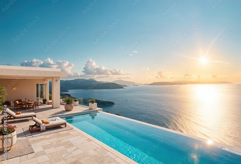 Fototapeta premium Luxury Infinity Pool Villa with Ocean Panorama: A sophisticated retreat overlooking the serene ocean, featuring an infinity pool, sun loungers, elegant patio dining, and golden-hour views