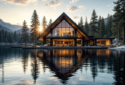 Lakeside Luxury Chalet: An architectural masterpiece featuring glass walls, cozy interiors, and a serene mountain backdrop. Reflections on the still water add a magical ambiance