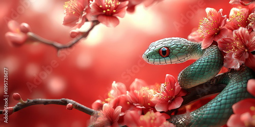 Wallpaper Mural Cute green snake, Chinese new year celebration, orchid flower, red china lantern, red background. Torontodigital.ca