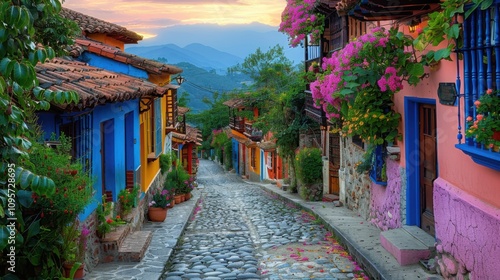 Fototapeta Naklejka Na Ścianę i Meble -  Brightly colored buildings line a cobblestone street in a small town