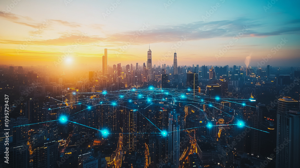 Fototapeta premium Smart digital Innovation city with connection network reciprocity over the cityscape. of future smart wireless digital city and social media networking systems that connects people with in city